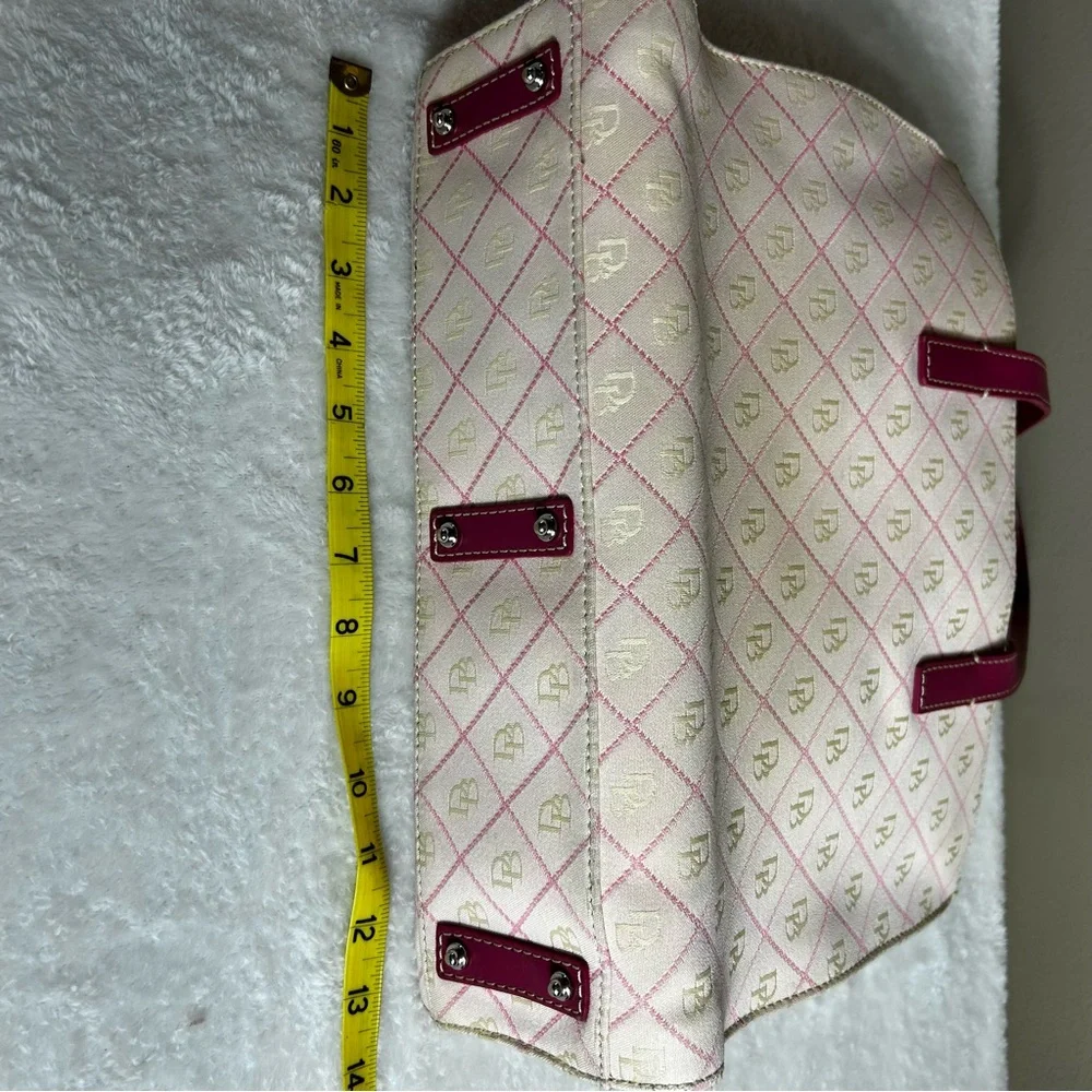 Dooney & Bourke Cream and Pink DB Monogram Tote Pink Leather Trim